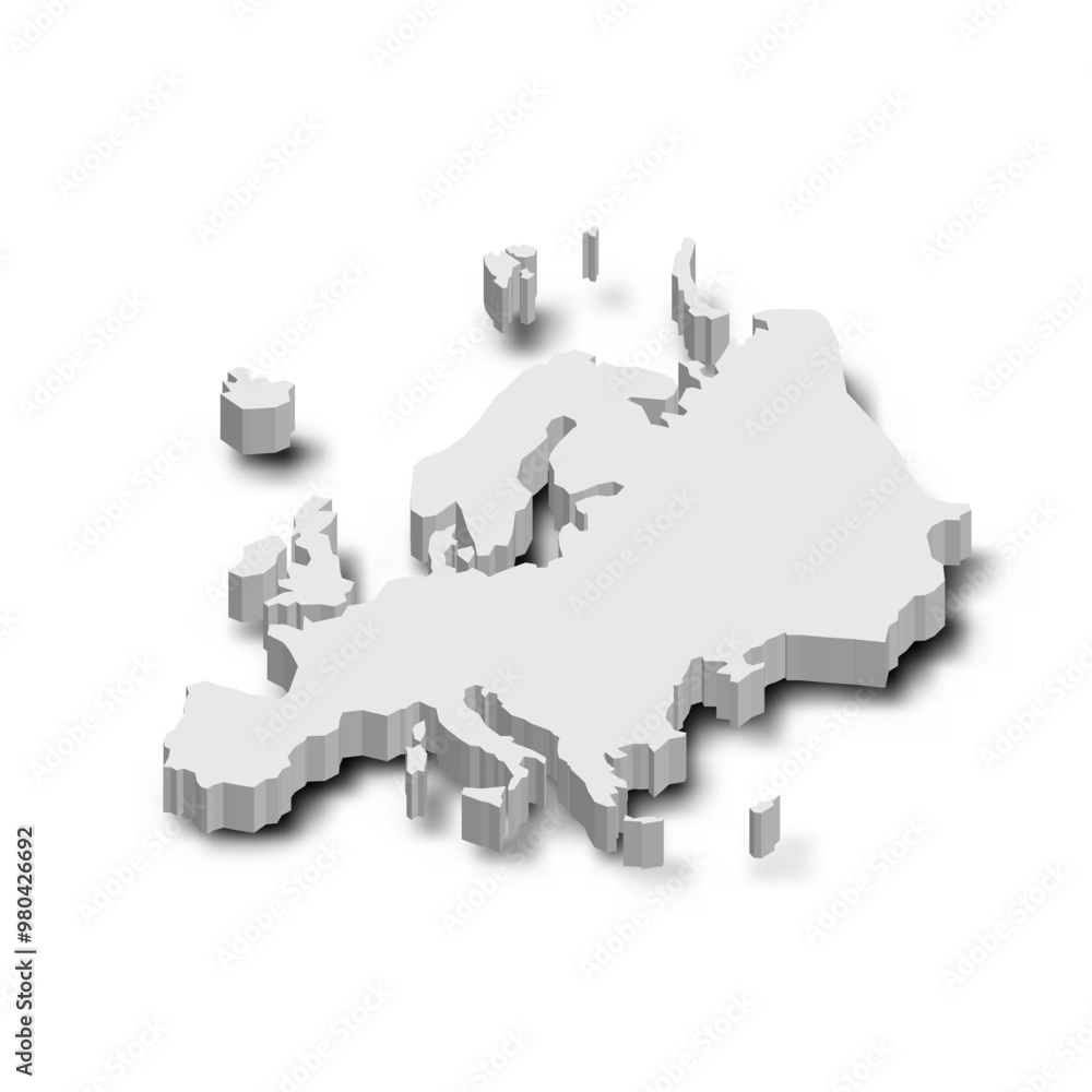Poster a detailed geographical representation of europe in a 3d grey silhouette format. this vector map hig
