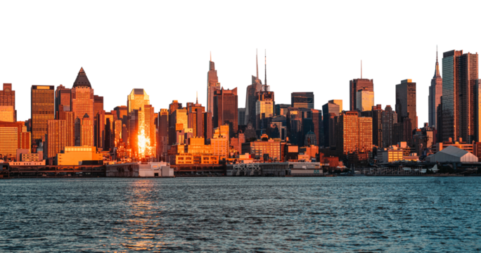 New York City skyline featuring tall buildings illuminated by the golden light of the setting sun, isolated on a white background. Concept of urban architecture and cityscape