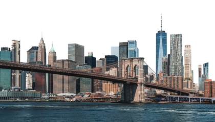 Image of Brooklyn Bridge spanning East River with Manhattan downtown skyline in the background. Crisp, clean look on white background. Concept of urban architecture