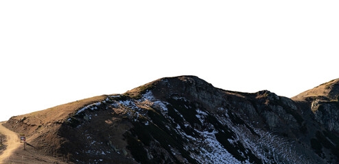 Snowy mountain landscape with patches of snow and rugged terrain on an isolated white background....