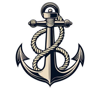 recommend clip art: vintage retro-style nautical anchors with rope adventures vector art. Simple sea anchor with rope in sea color, anchor with rope icon.