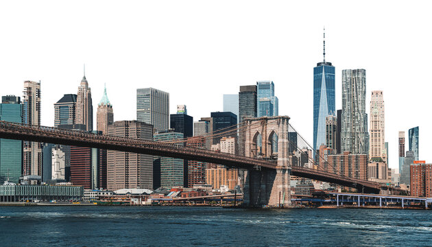 Fototapeta Image of Brooklyn Bridge spanning East River with Manhattan downtown skyline in the background. Crisp, clean look on white background. Concept of urban architecture