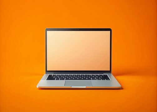 Modern laptop on a vibrant orange background with empty screen space, perfect for adding social media content or designs, ideal for technology and marketing illustrations.