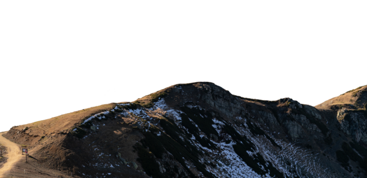 Snowy mountain landscape with patches of snow and rugged terrain on an isolated white background. Ideal for nature and adventure concepts