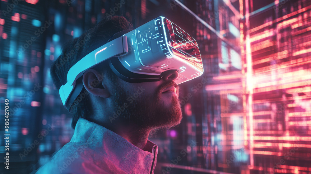 Poster virtual reality and metaverse technological advancement idea. individual with vr goggles gazing at a