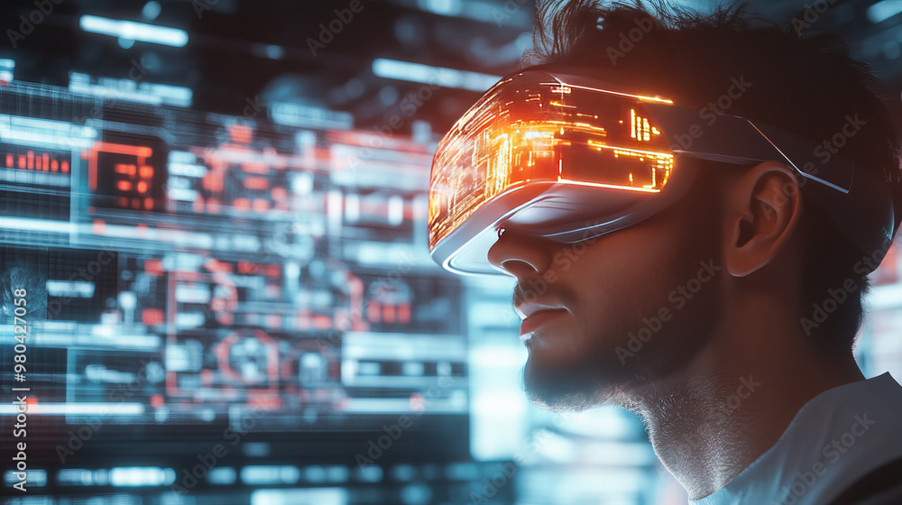 Poster virtual reality and metaverse technological advancement idea. individual with vr goggles gazing at a