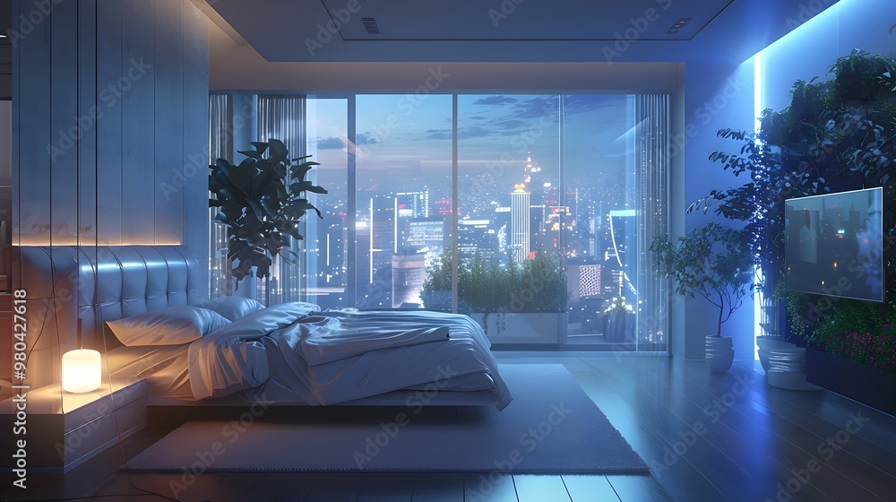 Poster luxurious smart bedroom with automated climate and wake up routine