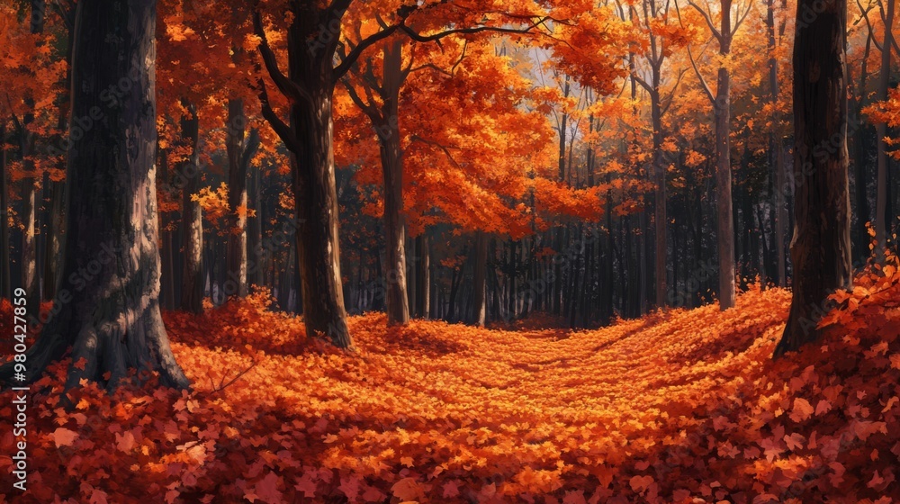 Aufkleber a forest path winds through a thick grove of trees, the ground covered in a carpet of orange and red