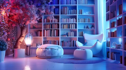 Futuristic Smart Home Library with Voice Activated Bookshelves and Holographic Book Summaries