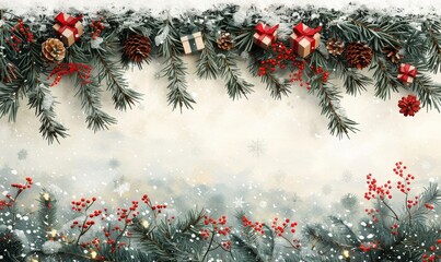 Festive holiday decorations adorned with pine branches, tiny gift boxes, and red berries evoke the spirit of winter celebrations and joy during the most wonderful time of the year