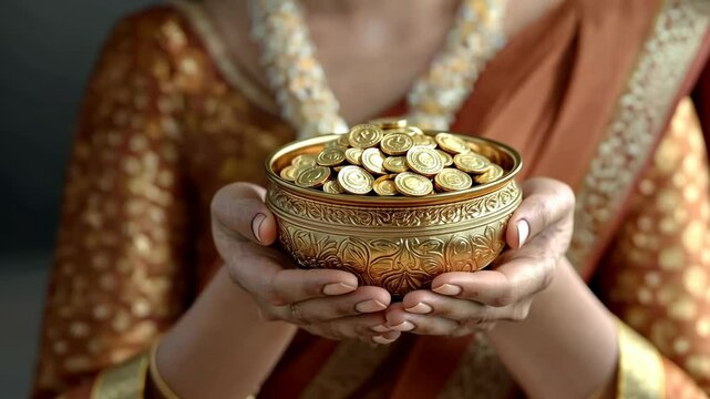 Celebrating prosperity: happy Dhanteras, highlighting a golden pot brimming with coins, symbolizing wealth and good fortune in this auspicious festival, bringing joy and prosperity to households