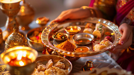 Naklejka premium A sister preparing a special Bhai Dooj thali with traditional sweets
