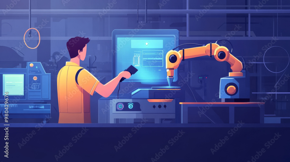 Poster an engineer's hand checking and controlling welding robotics with automatic arms in a smart factory 