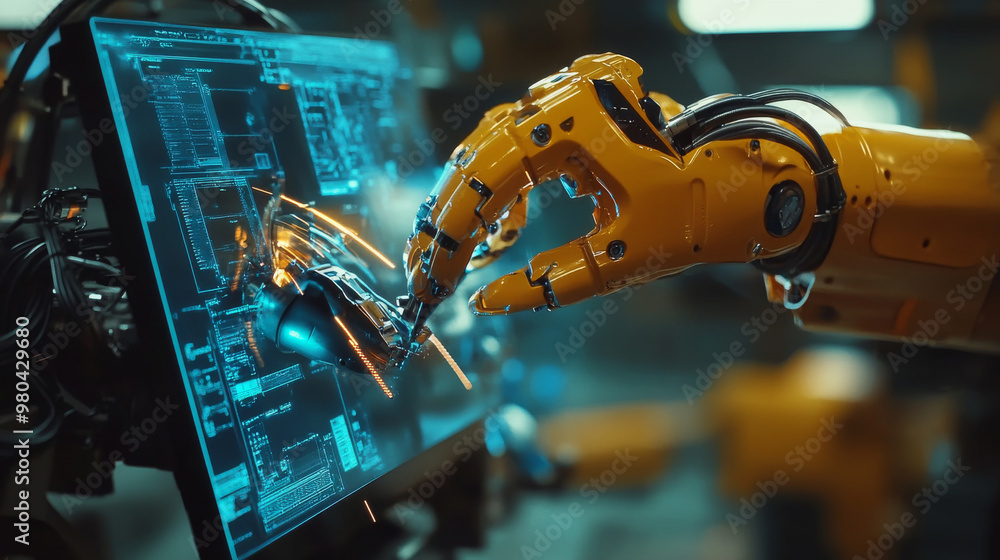 Poster an engineer's hand checking and controlling welding robotics with automatic arms in a smart factory 