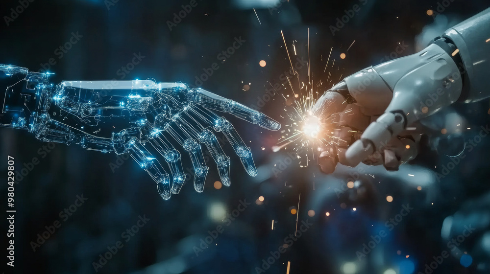 Poster an engineer's hand checking and controlling welding robotics with automatic arms in a smart factory 