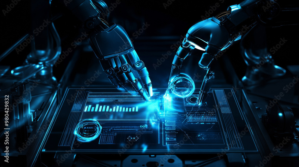 Poster an engineer's hand checking and controlling welding robotics with automatic arms in a smart factory 