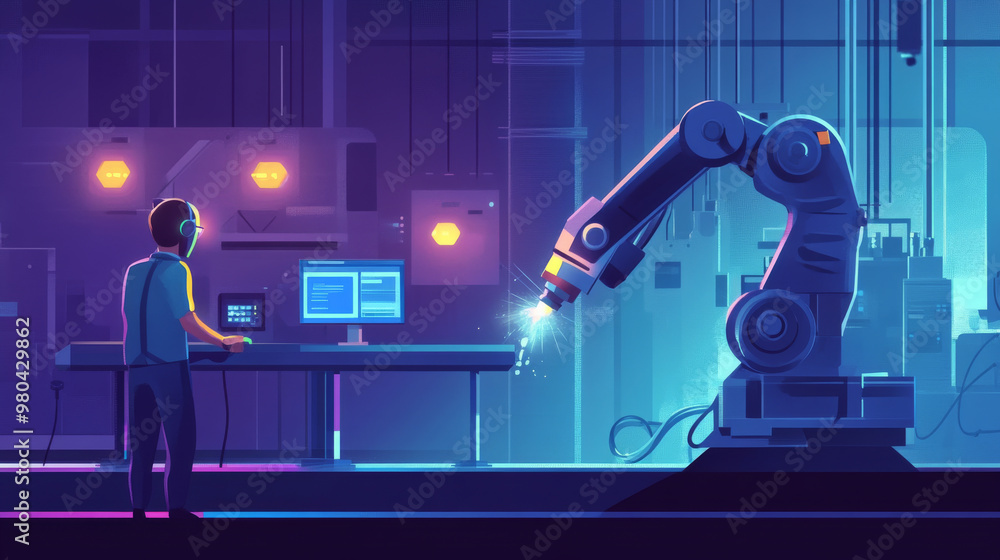 Poster an engineer's hand checking and controlling welding robotics with automatic arms in a smart factory 