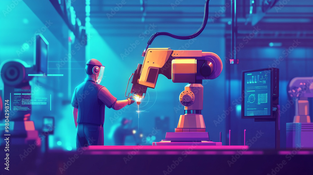 Poster an engineer's hand checking and controlling welding robotics with automatic arms in a smart factory 