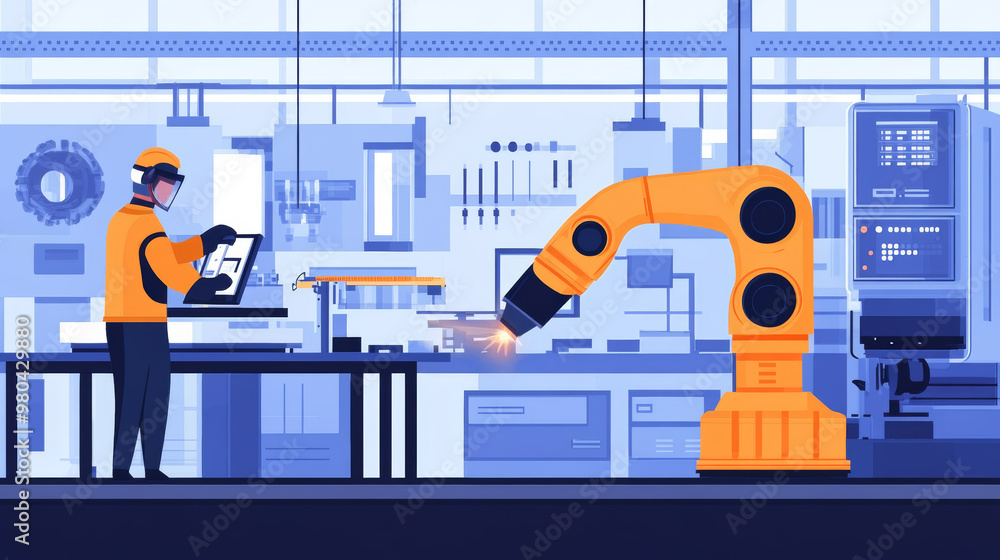 Poster an engineer's hand checking and controlling welding robotics with automatic arms in a smart factory 