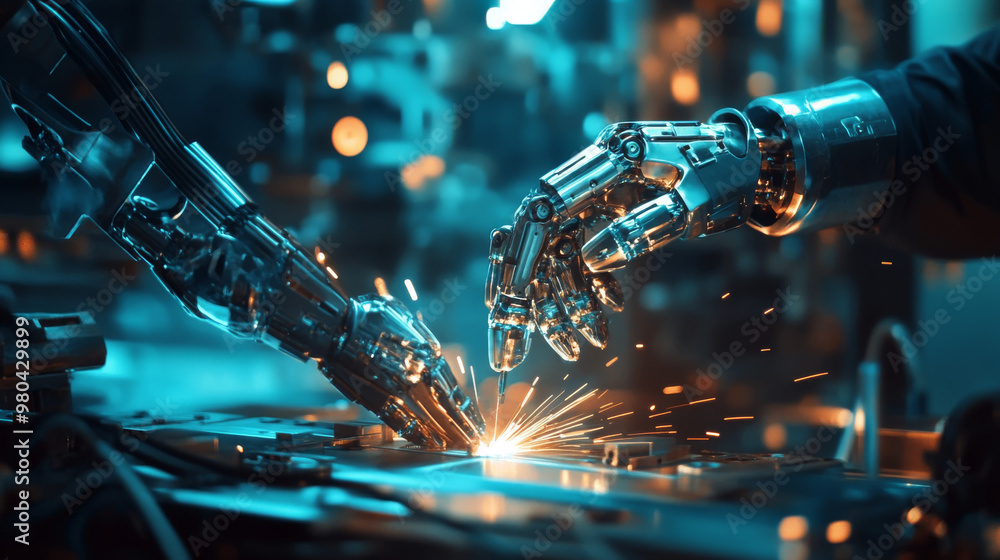 Poster an engineer's hand checking and controlling welding robotics with automatic arms in a smart factory 