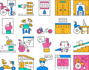 Inclusive Life Tool Collection Icons Set Vector. Graduation And Working Place, SportLife And Communication, Bus And Velomobile Inclusive Life color Contour Illustrations