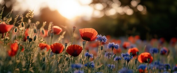 Obraz premium Vibrant field of red poppies and blue cornflowers at sunset for nature prints