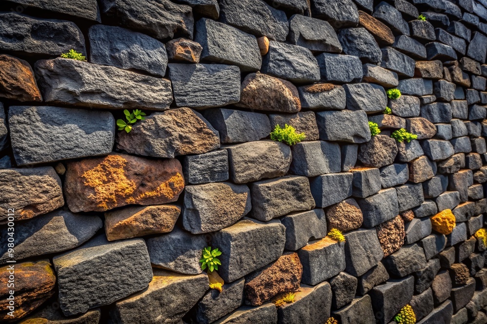 Poster dark matte volcanic basalt rock bricks form a textured wall with deep grooves and rugged edges, crea