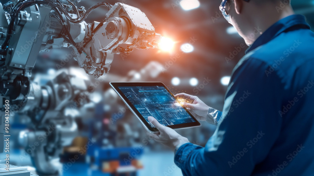 Poster an engineer's hand using a digital tablet to check welding robotics with automated arms. augmented r