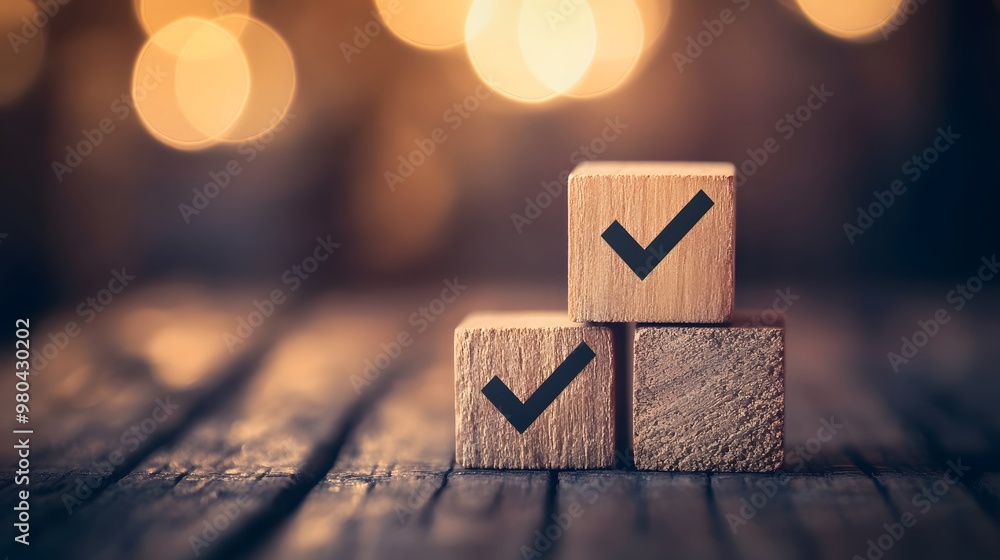 Aufkleber wooden blocks with check marks on rustic background