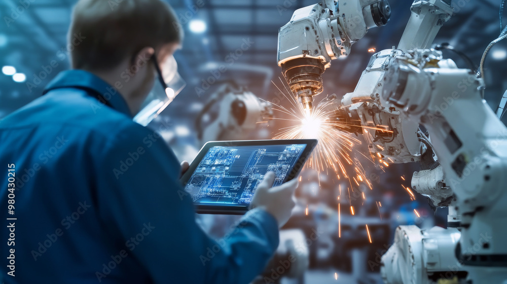 Poster an engineer's hand using a digital tablet to check welding robotics with automated arms. augmented r