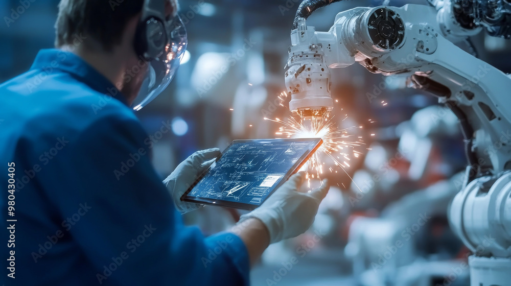 Poster an engineer's hand using a digital tablet to check welding robotics with automated arms. augmented r