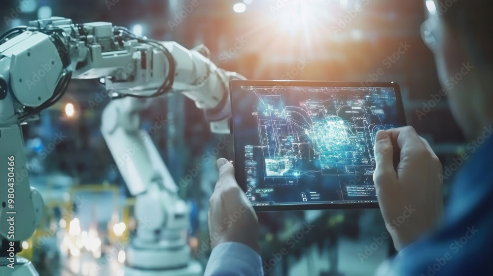 Poster an engineer's hand using a digital tablet to check welding robotics with automated arms. augmented r
