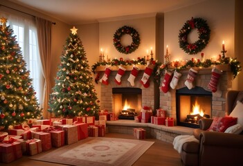 Obraz premium Christmas scene with a large decorated Christmas tree surrounded by presents, stockings hung on the fireplace, and a warm, inviting atmosphere.