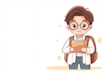 A cartoon boy wearing glasses and a backpack is holding a book. Concept of learning and education, as the boy is dressed in a school uniform and carrying a book