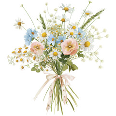 Watercolor Pastel Wildflower Bouquet with Ribbon,spring blossom,illustration isolated on Transparent background