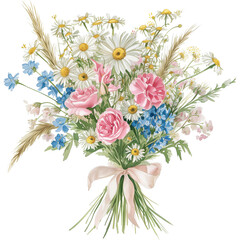 Watercolor Pastel Wildflower Bouquet with Ribbon,spring blossom,illustration isolated on Transparent background