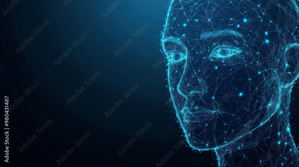Poster face recognition system concept featuring a low polygon human face scan on a blue template backgroun