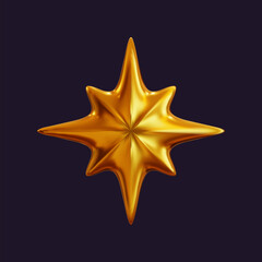 3D holographic star with a reflective sheen. Golden metallic design element with a retro futuristic aesthetic, isolated.
