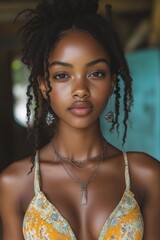 Young woman in yellow top with Bohemian jewelry outdoors