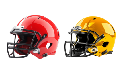 A classic American football helmet in bright team colors with glossy finish, isolated on background.