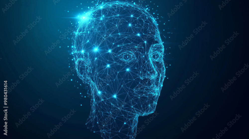 Poster face recognition system concept featuring a low polygon human face scan on a blue template backgroun