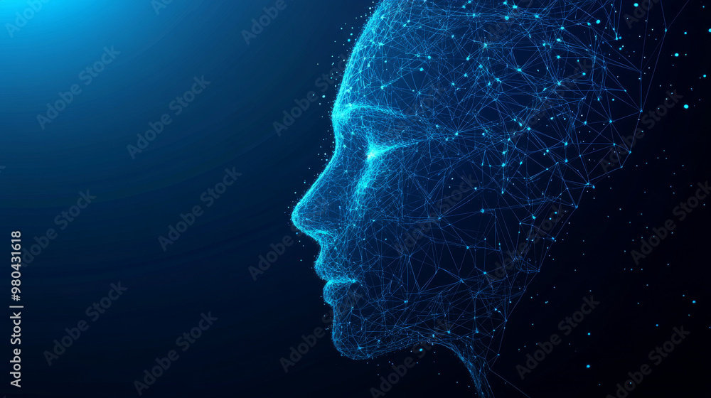 Poster face recognition system concept featuring a low polygon human face scan on a blue template backgroun