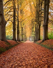 Naklejka premium serene forest path covered in autumn leaves, with tall trees lining the way 