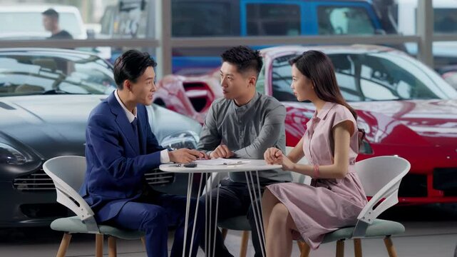 Happy couple with attractive auto dealer in a suit signing purchase contract. Buyer observing automobile thinking about purchasing. Concept of buying and selling car, car rental service.