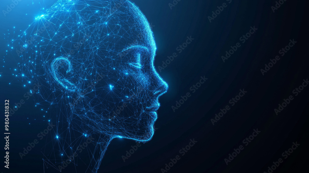 Poster face recognition system concept featuring a low polygon human face scan on a blue template backgroun