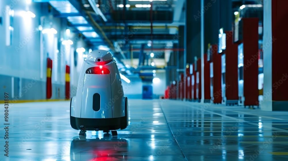Poster robotic security assistant patrolling high tech facility for advanced monitoring and safety
