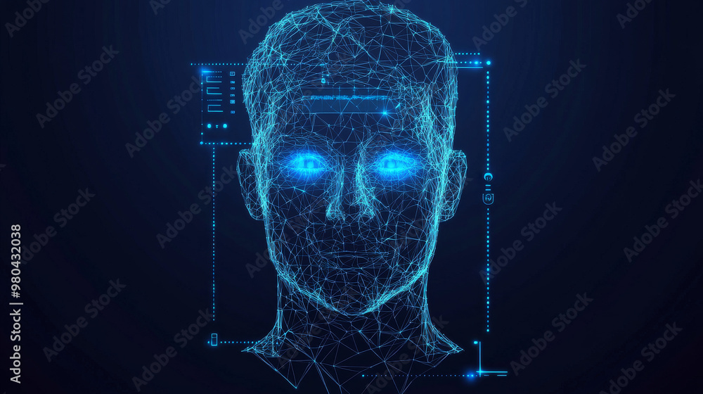 Poster face recognition system concept featuring a low polygon human face scan on a blue template backgroun