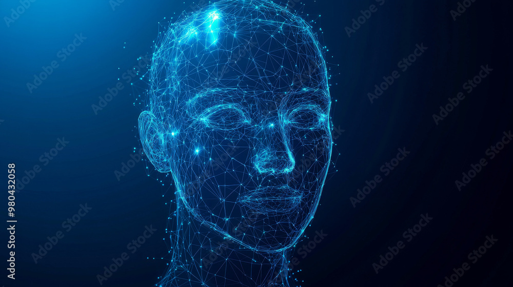Poster face recognition system concept featuring a low polygon human face scan on a blue template backgroun