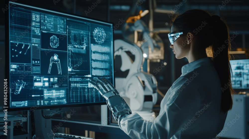 Poster female industrial engineer operating automation robot arms in a smart factory. utilizing real-time m