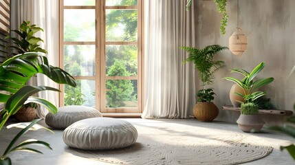 Tranquil Meditation Room with Lush Indoor Plants and Cozy Cushion Inviting Holistic Well Being